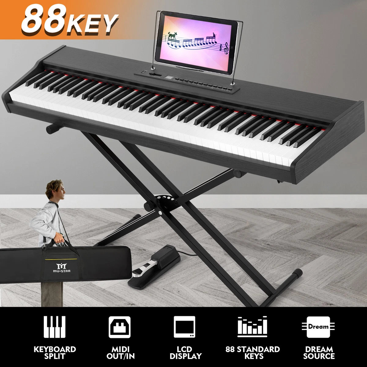 MUSTAR Weighted Digital Keyboard Piano 88 Keys Hammer Action with Stand,  Bluetooth, Portable Case, Sustain Pedal (Black)