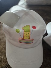 6 Baby's 1st Birthday Baseball Caps. White Stretch Fitting Hat For Infants