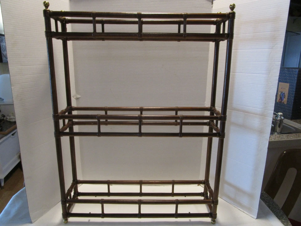 Antiguo estante de 3 niveles de madera de caoba montado en la pared tallada como bambú 32,50" T Foto 2 de 4