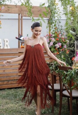 ZARA WOMAN FW23 STRAPPY FRINGED MIDI DRESS BURGUNDY BROWN 2712/835 SZ S 