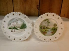 Lot of 2 Vintage Kemple Milk Glass Reticulated Edge Painted Plates