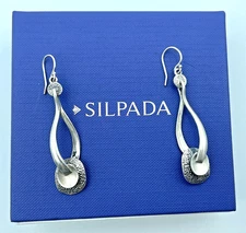 Silpada Sterling Oxidized, Brushed, Long Drop Twist Disk Dangling Earrings W1981