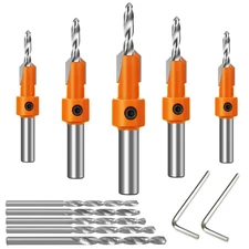 10Pcs Wood Countersink Drill Bit Set with 5Pcs Extra Pilot Bit, Tapered 5/16" ro