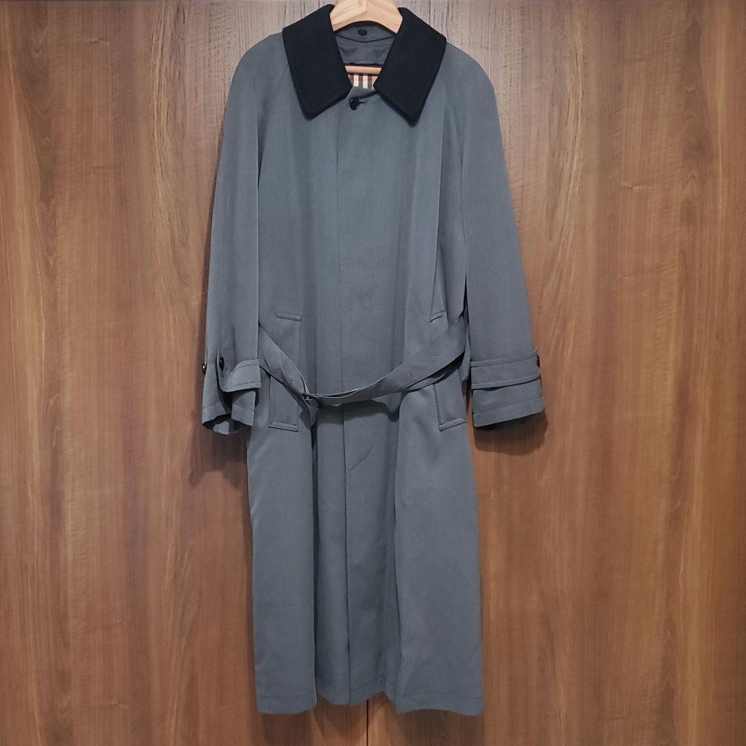Burberry Balmacaan Coat Soutien-collar Belted Gray Polyester Size M For Men