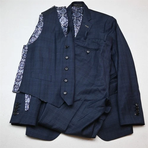 Indochino 36S 33x30 Blue Check 100% Wool 3 Piece Check Surgeon Cuff Mens Suit