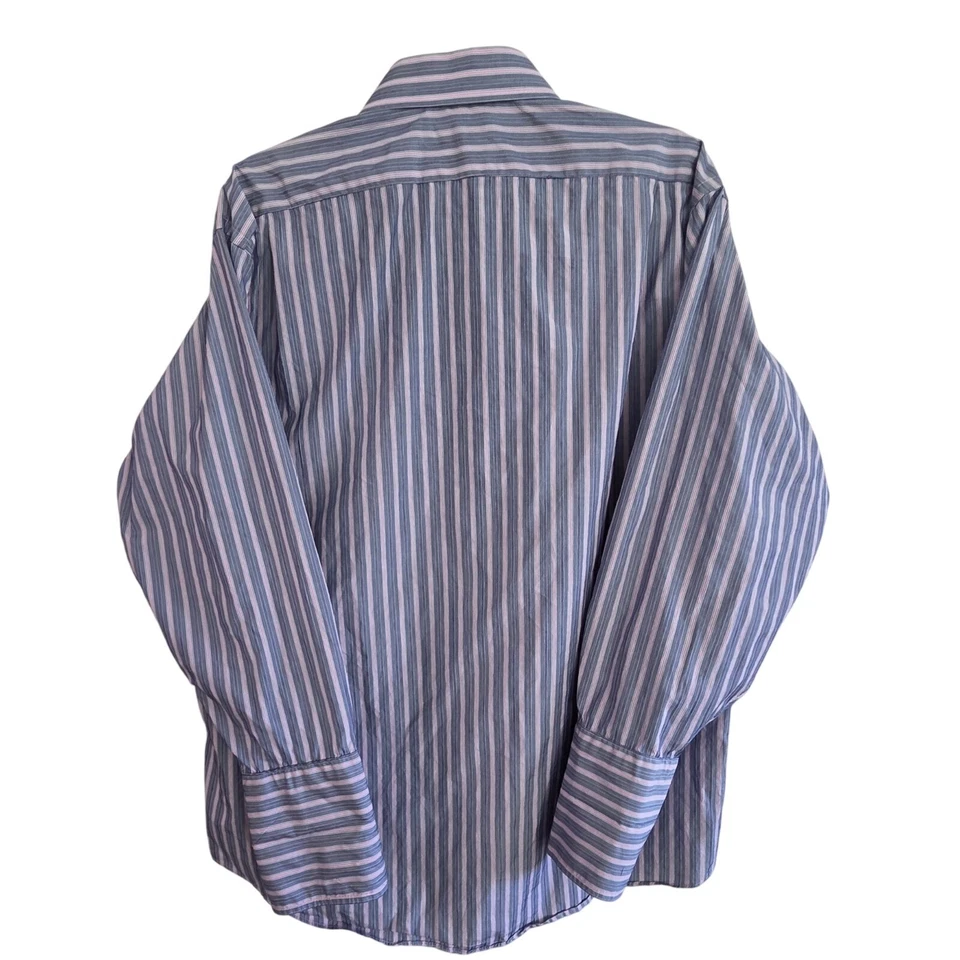 Faconnable French Cuff Dress Shirt 6/17R Blue Pink Stripe Made in USA Luxury - Image 3 of 4