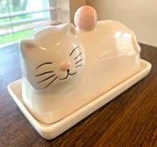 Happy Cat Butter Dish Ceramic | Shabby Chic or Farmhouse 6" L 4" H