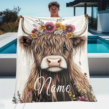 1pc Personalized Highland Cow Travel Blanket - Lightweight Flannel Throw for S