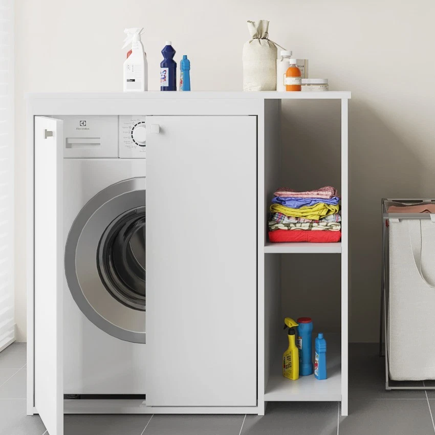Armadio Portaoggetti Lavanderia 3 Ante Bianco Con Ripiano Regolabile - 175x80x48 Cm
