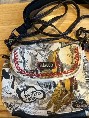 Sakroots Crossbody Purse Happy & Free, NATURE, Peace Floral Canvas Black Strap