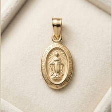 3D Tiny Oval Miraculous Medal Charm Pendant Real Solid 14K Yellow Gold 8X16mm