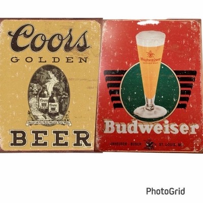 Budweiser Beer And Coors Retro Tin Metal Bar Sign 16x 12.5 Made In USA  2 Sigs