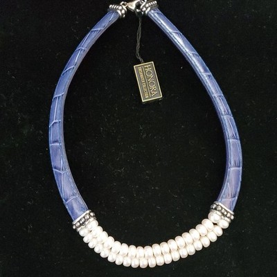 NEU Schöne Honora Perle Sterlingsilber 925 blau Leder Halskette 15''