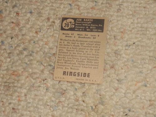1951 JOE BAKSI Topps Ringside Boxing Card #20 - Peso pesante!!! - Foto 2 di 2