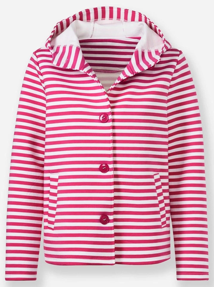 Mode von Heine Damen Sweatjacke V-Ausschnitt Langarm Kapuze pink ecru NEU - Bild 2 von 3