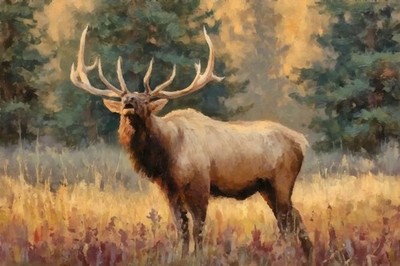 Calling Bull Elk in Meadow II by Buck Rawlins Wildlife Art Print + Free Shipping