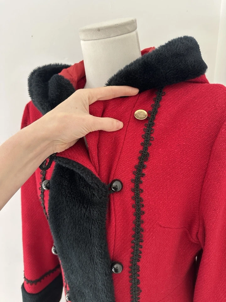 Vintage 60s Sears Red And Black Long Princess Faux Fur Trim Hooded Coat - Image 4 of 4