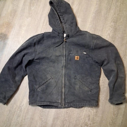 Carhartt Hooded Work Jacket Full Zip Black Thrashed Distressed Sun Faded L - product listing photo