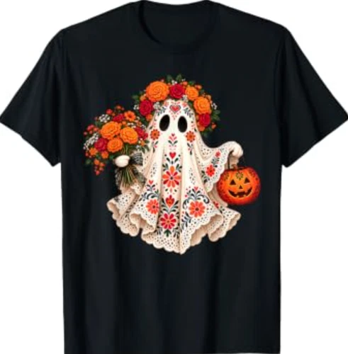 Lace Ghost Mexican Floral Halloween Dia De Los Muertos Girl T-Shirt - product listing photo