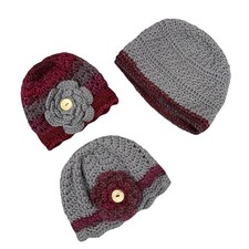 Handmade Crochet Beanie Set of 3 Hats Kids One Size Gray Burgundy Flower Winter