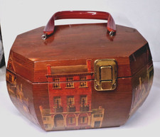 Vintage Handmade Decoupage WOOD BOX PURSE Lucite Handle Victorian Houses Octagon