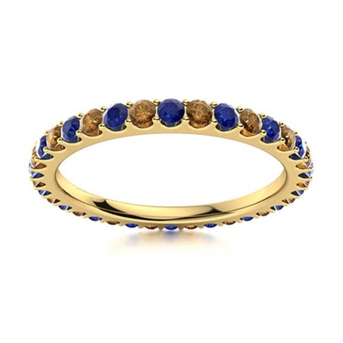 Full Eternity 2MM Round Smoky Quartz & Blue Sapphire 925 Silver Gold Plated Ring
