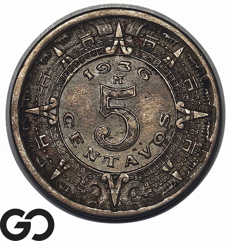 1936 5 Mexican Centavos, Choice XF++/AU, Neat Design