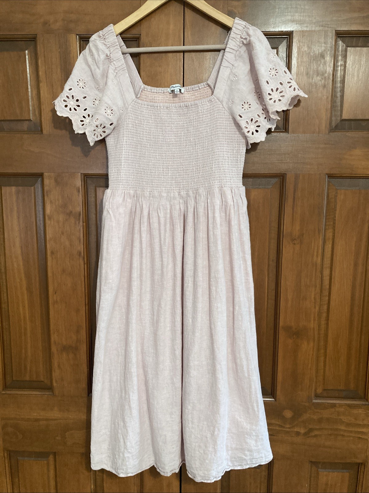 Madewell Women’s Sz Medium Lucie Smocked Eyelet Sleeves Pink Dress Linen Blend
