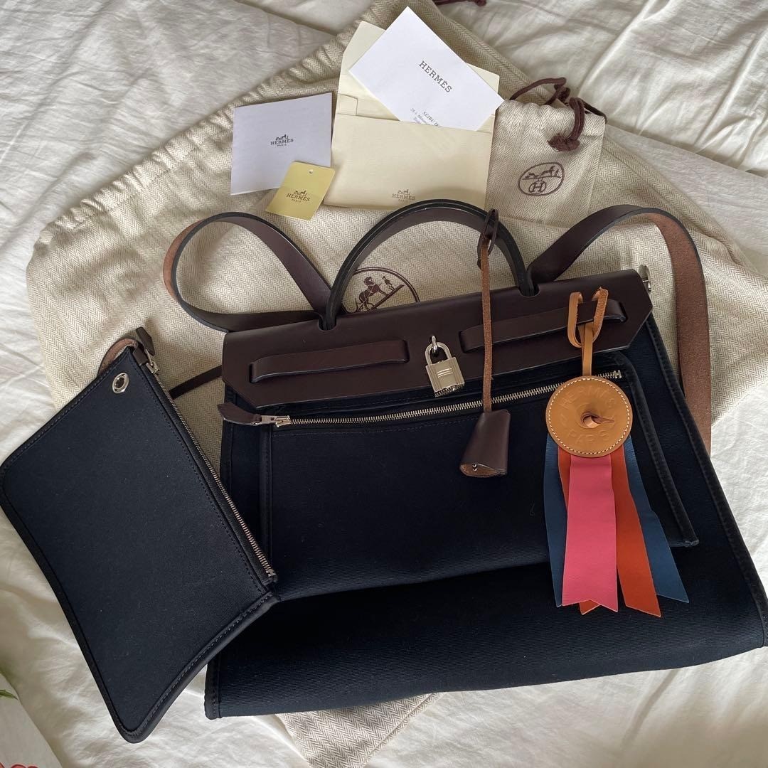 HERMES Herbag Zip PM Black and Dark Brown Used From Japan