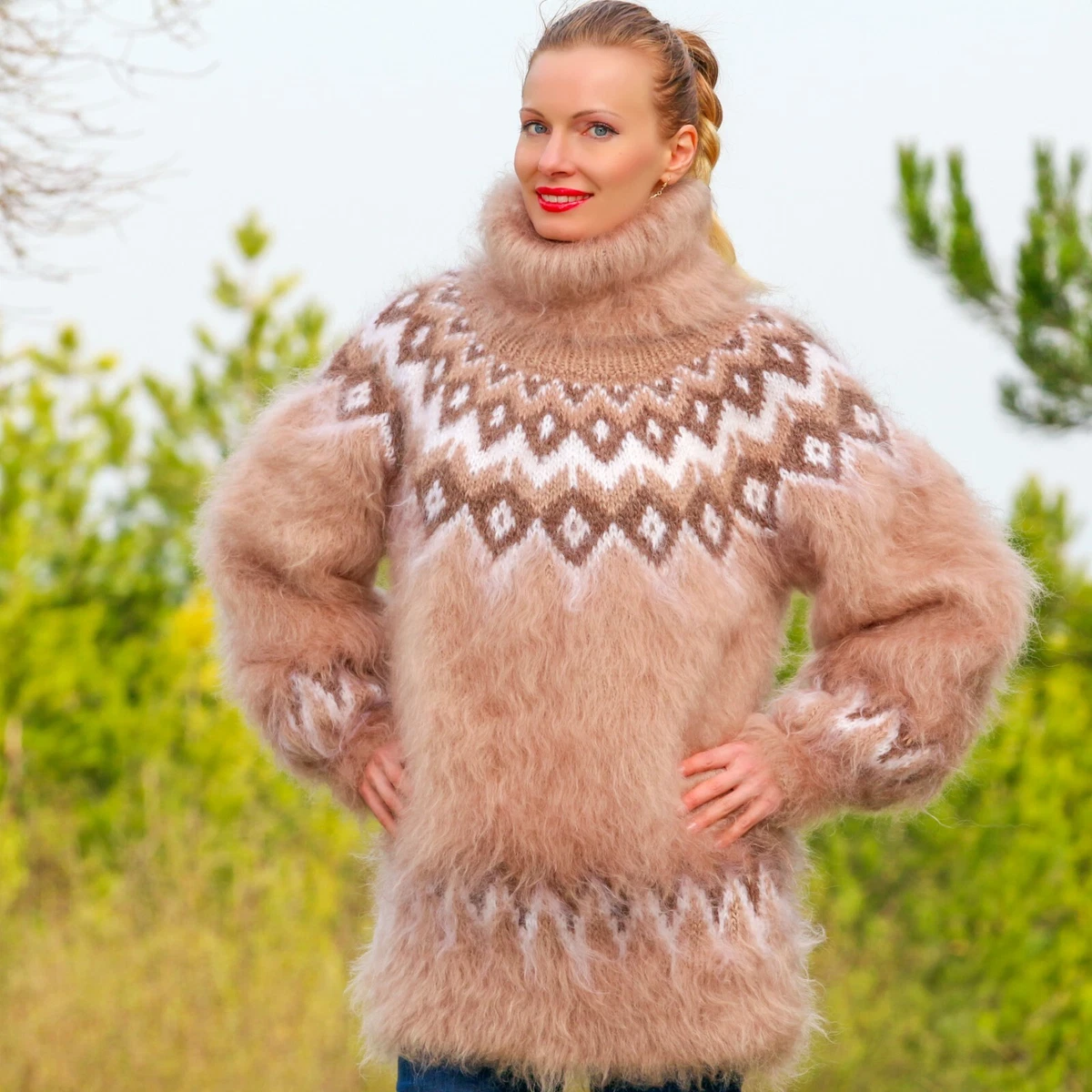 SuperTanya beige mohair sweater Icelandic turtleneck handknit soft Nordic jumper
