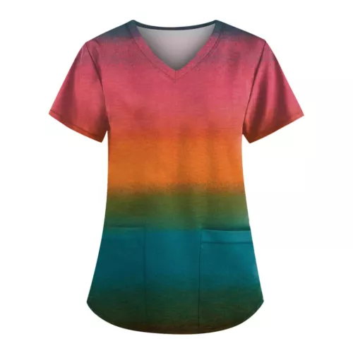 Women Printed Scrub Working Uniform V-Neck Short Sleeve Workwear Tee With Pocket - Picture 23 of 39