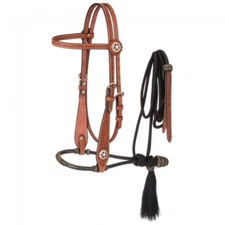 Western Tan Leather Hand Carved Headstall with Bosal Mecate Reins