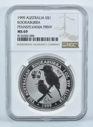 1999 Australia 1 Dollar Silver Kookaburra Pennsylvania Privy MS69 NGC
