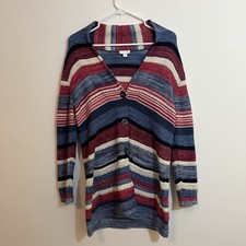 J. Jill Sweater SP Long Duster Stripe Linen Cotton Blend Blue Pink Buttons