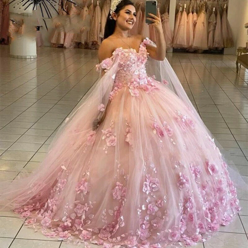 Pink 3D Flower Sweet 15 Dress Off the Shoulder Ball Gown Quince Dress –  Viniodress