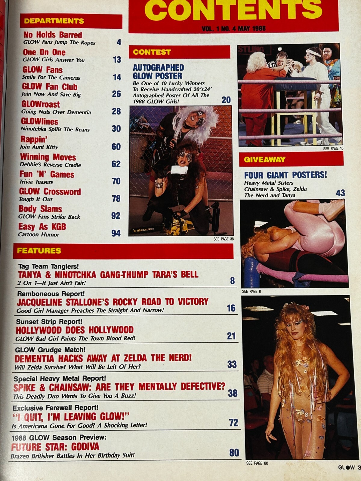 GLOW Gorgeous Ladies Of Wrestling Magazine #4 May 1988 w/ Posters Spike Chainsaw