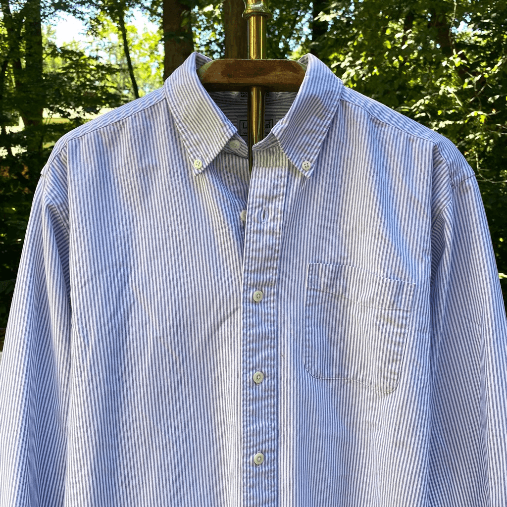 トップス 90s LLBean duck work hunting shirt blue Vintage 90s L.L. Bean 100% Cotton Blue White Stripe Button