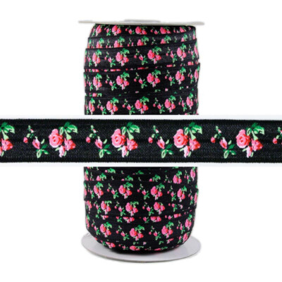 Roses on Black Fold Over Elastic 5/8'' 100 Yards | Elastic By The Yard