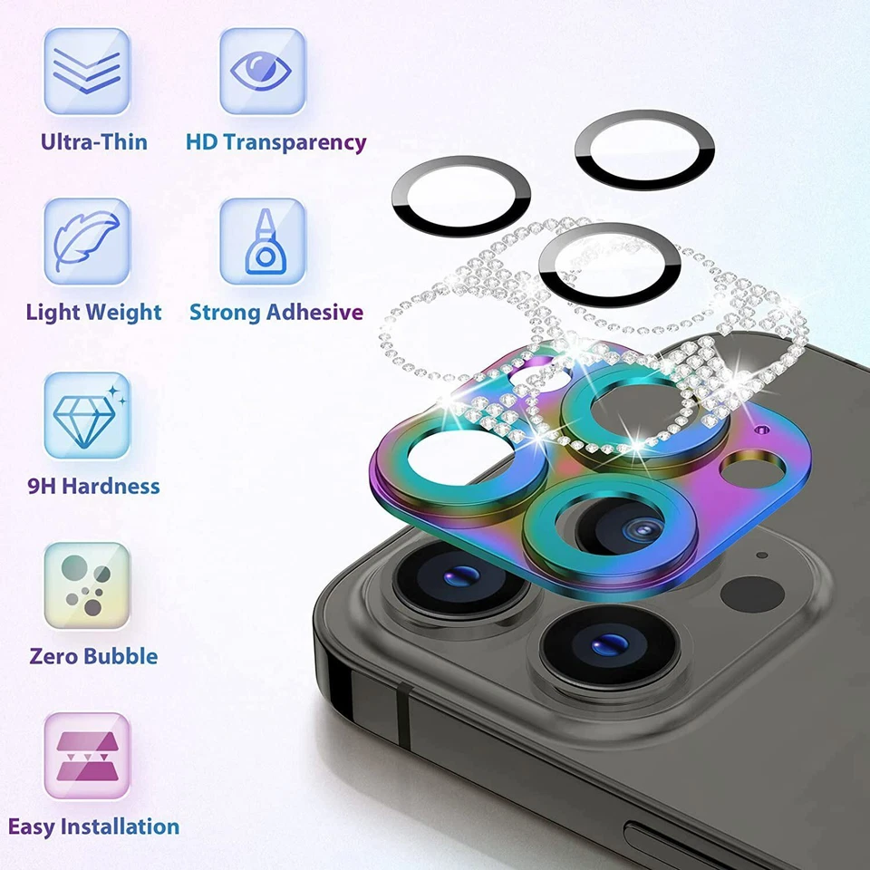Protector de lente de cámara delgado de metal diamante brillante para iPhone 13 14 16 Pro Max 15 11 Foto 2 de 4