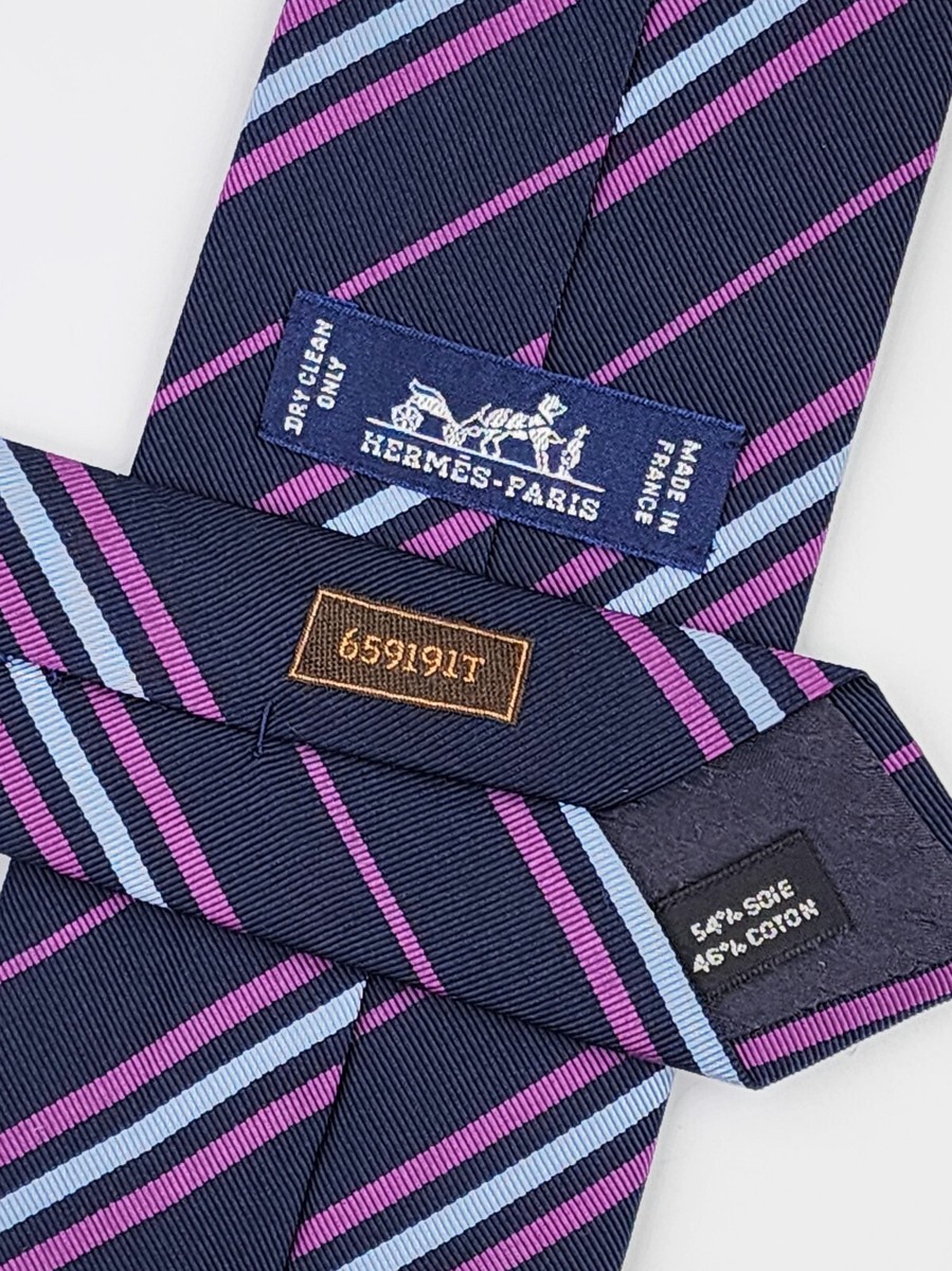 HERMES TIE 659191 T Purple Blue Striped on Dark Blue Woven