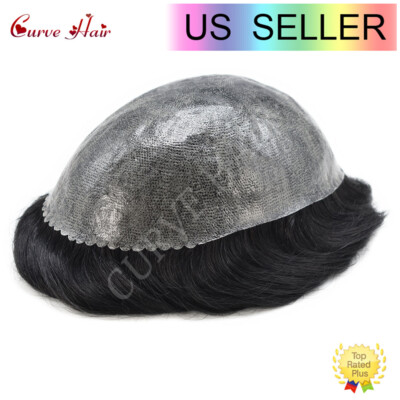 Men PU Hair Toupee for Baldness Natural Wave Human Hair System Durable Poly Base