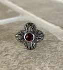 Vintage Sterling Silver Faceted Marcasite Garnet Flower Cocktail Ring Band 7.5