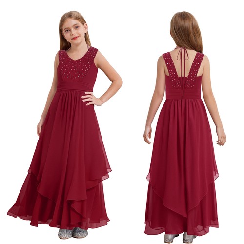 Kids Girls Dress V-neck Sleeveless Pleated Rhinestone Embellished High Waist - Picture 9 of 154