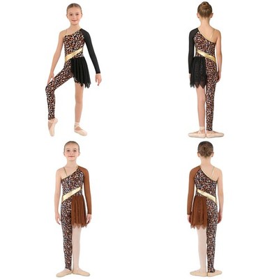 Kids Girls Leotard Asymmetrical Design Bodysuit Leopard Print Costume  Birthday | eBay