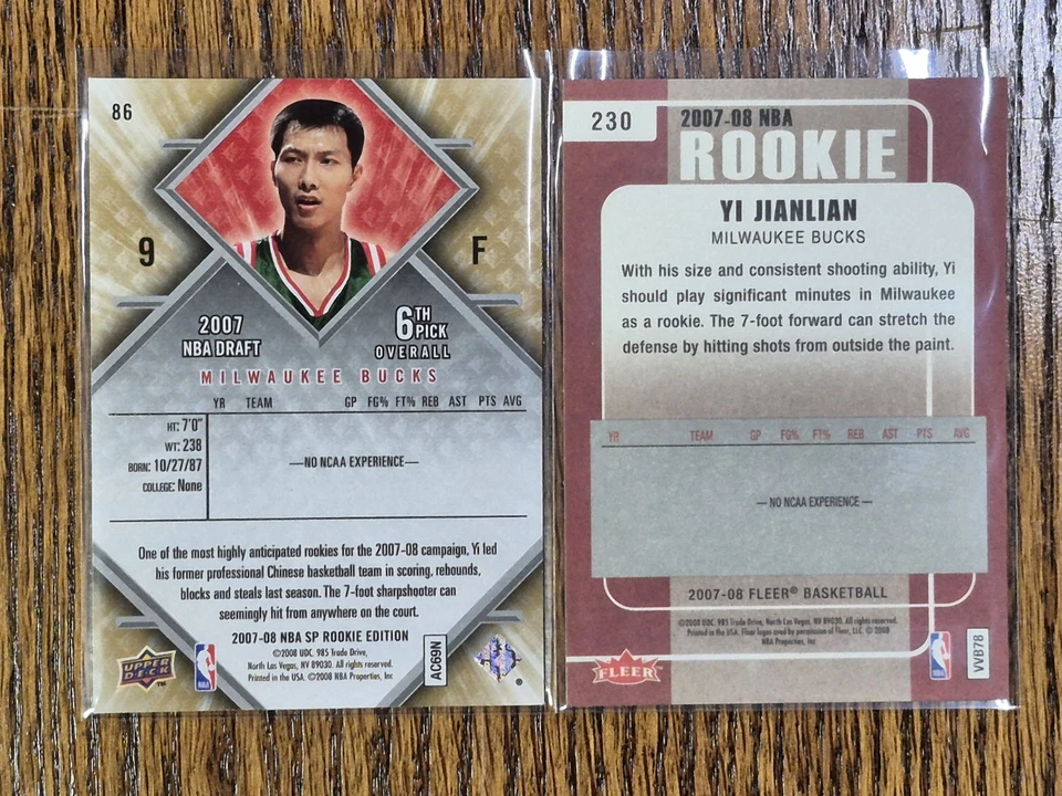 Yi Jianlian 2007-08 Upper Deck Sp #86 + Fleer #230 Rookie RC Lot Milwaukee Bucks - Image 2 of 2