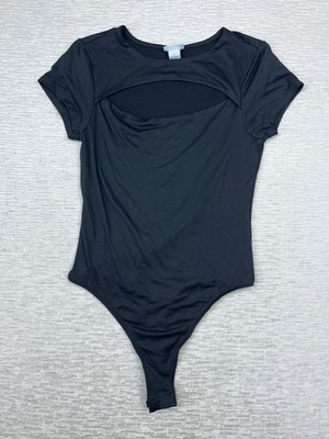 rue21 Black Short Sleeve Cutout Front Bodysuit Women's Size L Solid Stretch