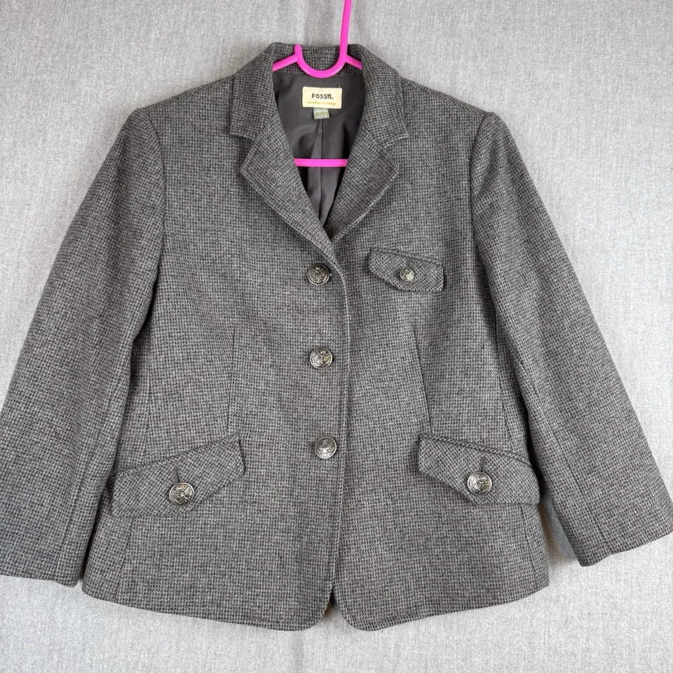 Blazer Fossil para mujer talla 2 gris tweed mezcla de lana botón águila clásico militar Foto 4 de 4
