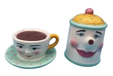 Nice Anthropomorphic Clay Art Coffee Pot & Coffee Cup Salt & Pepper Shakers