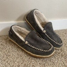 Minnetonka Tempe Moccasin Slippers Gray Suede Slip On Faux Fur Lined Loafers 7M