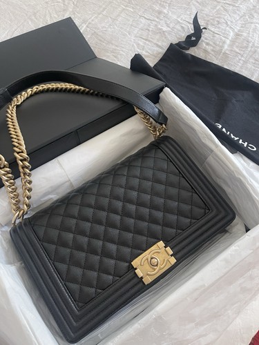 CHANEL Boy Quilted Shoulder Bag Medium Black Leather